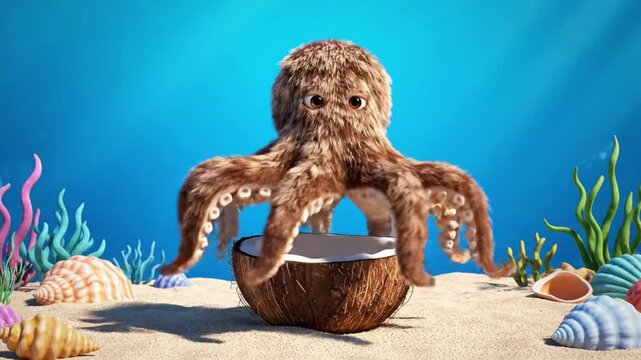 Coconut octopus performs a playful dance on the ocean floor surrounded by shells and coral