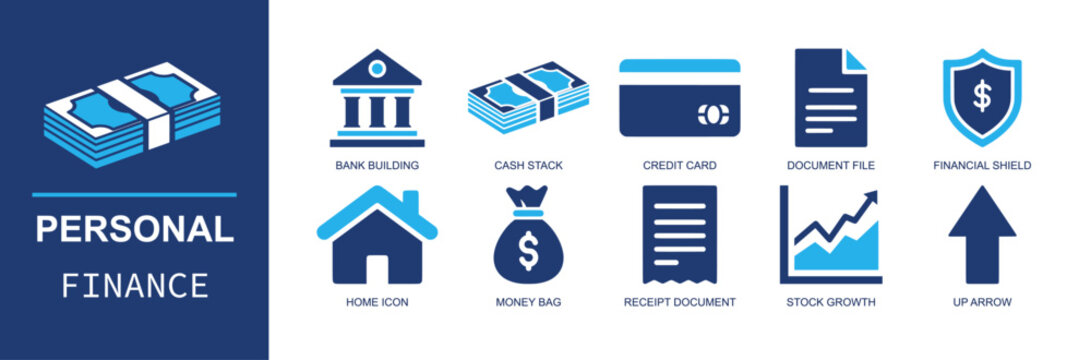 Personal finance icon set. Containing bank building, cash stack, credit card, document file, financial shield, home icon, money bag, receipt, stock growth and more. Solid fill vector icons.
