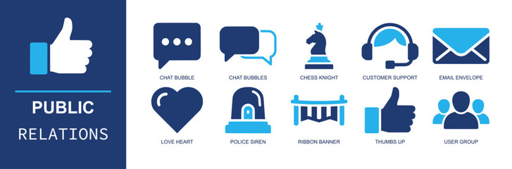 Public relations icon set. Containing chat bubble, message bubbles, chess knight, headset, email envelope, heart symbol, banner, thumbs up, user group and more. Solid fill vector icons. © Ella