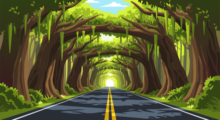 Fototapeta premium Vector illustration of an endless asphalt road curving through a lush green tunnel of ancient trees with sunlight streaming through the canopy overhead, creating a magical and serene atmosphere