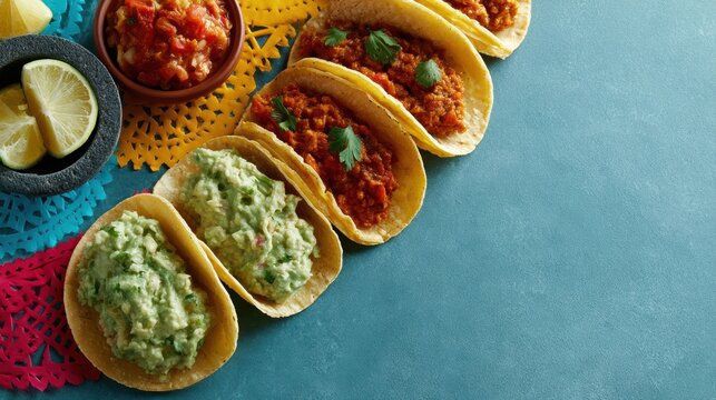 cinco de mayo celebration with colorful papel picado decorations and tacos