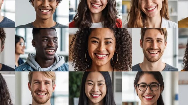 Collage of diverse mixed-race people smiling and showing unity in a colorful environment