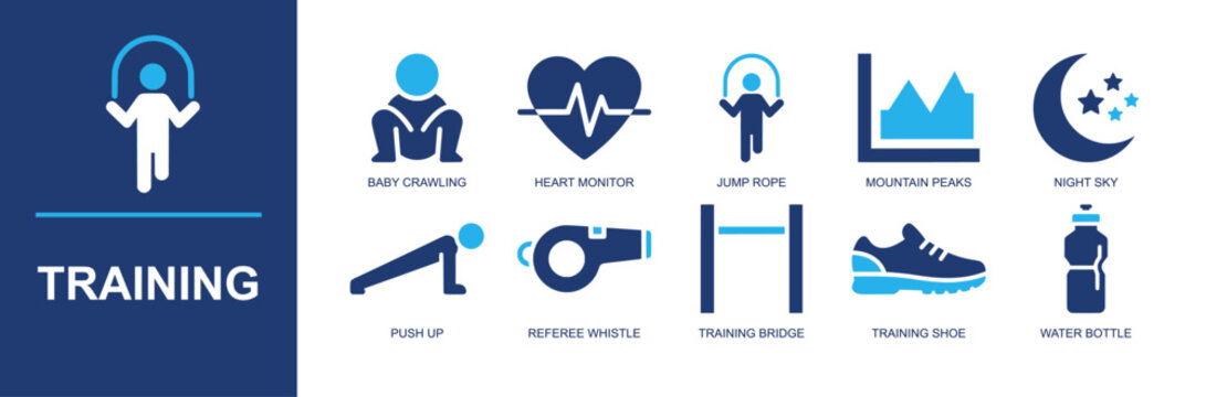 Training icon set. Containing jump rope, push up, heart monitor, whistle, training shoe, water bottle, obstacle bridge, mountain peaks, night sky and more. Solid fill vector icons