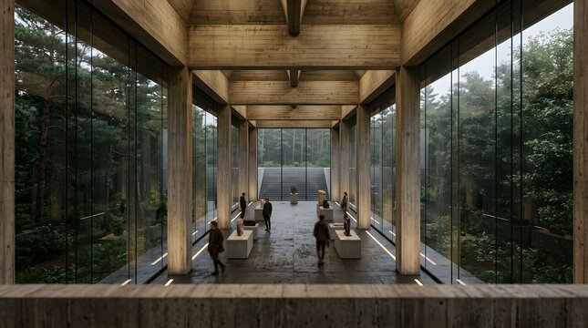 Modern wooden architectural space within a lush forest
