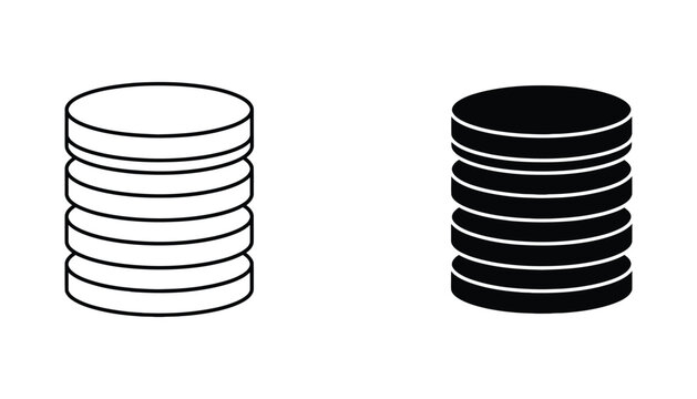 Database server stack icon set consisting of layered storage disks in outline and solid black silhouette styles for IT and cloud computing interface design