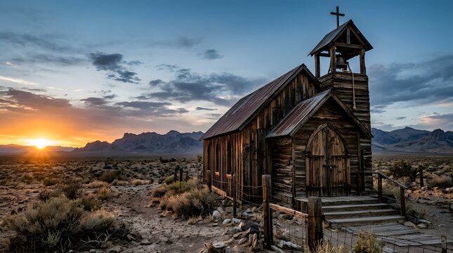 Rustic Old Church Structure at Sunset in Desert Landscape