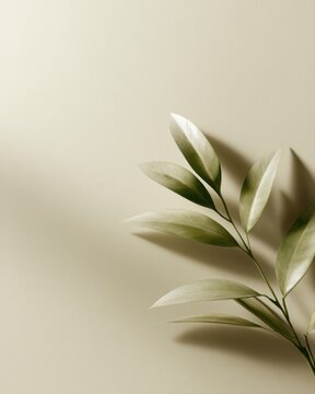 Botanical leaves arrangement with soft beige shadows and minimal organic design