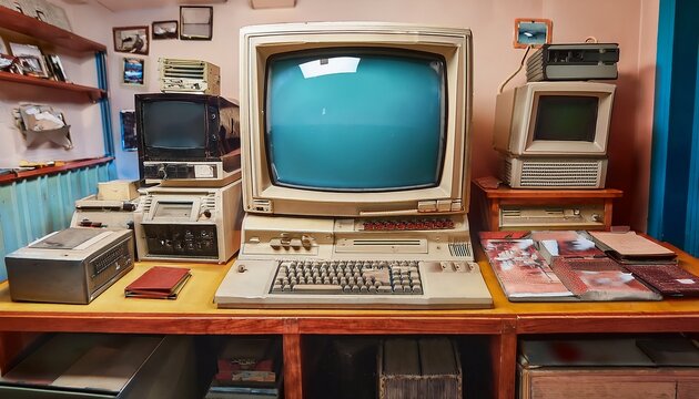 a vintage computer terminal with a crt screen and keyboard prominently displayed in a retro themed room full of nostalgic memorabilia and classic electronics