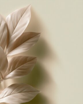 Botanical leaves arrangement with soft beige shadows and minimal organic design