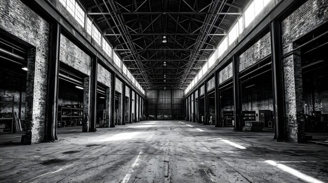 Empty Industrial Warehouse Corridor with Natural Light and Shadows