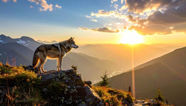 A wolf stands on a mountain peak at sunset overlooking mountains.
