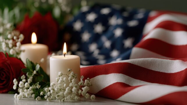 Memorial Day USA flag with candles and flowers in respectful remembrance setting