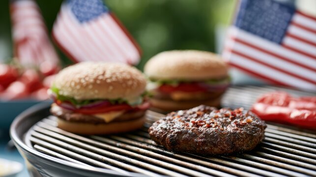 Patriotic memorial day barbecue setup in backyard with American flags and summer decorations