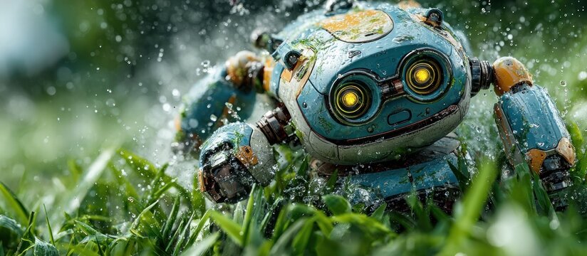 A colorful robot in a grassy environment is getting sprayed with water