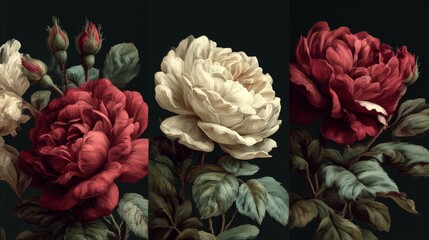 Fototapeta premium Exquisite Botanical Triptych: Deep Red and Cream Roses in Vintage Style