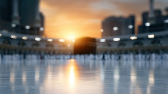 Pilgrims walking around the Kaaba during Hajj with dramatic golden sunset light and spiritual atmosphere, respectful documentary style