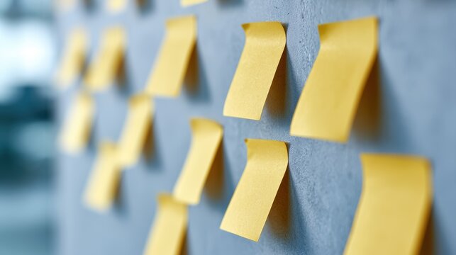 Sticky post it notes scattered across office wall for brainstorming session