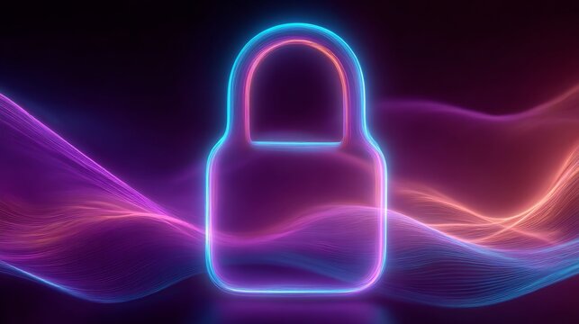 Neon Lock Symbol on Dynamic Wave Background