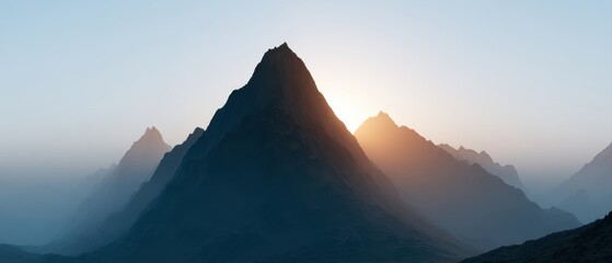 Naklejka premium sun flare behind mountain silhouette, adventure landscape, cinematic haze