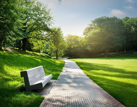 concrete bench and path in park with green grass