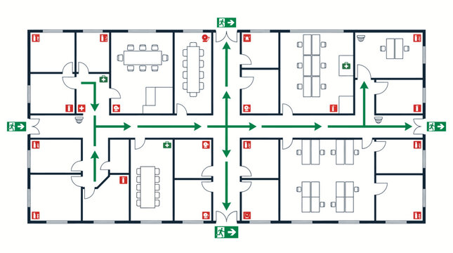 Office Floor Plan with Emergency Exit Routes and Symbols