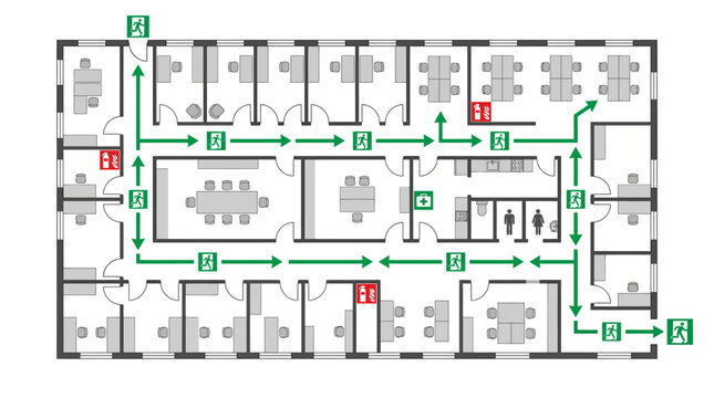 Office Floor Plan with Emergency Exit Routes and Meeting Rooms