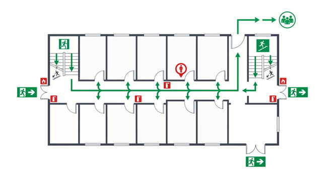 Detailed emergency evacuation plan with green exit routes and icons