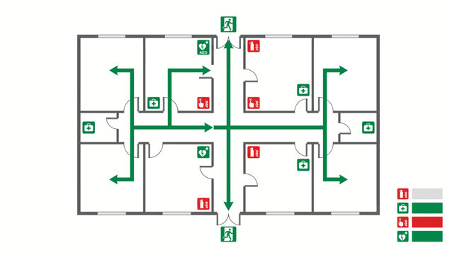 Detailed floor plan with emergency exit routes and safety signs