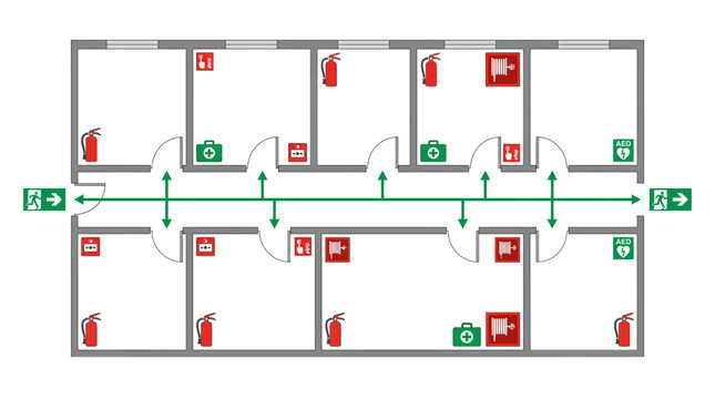Office Building Floor Plan with Emergency Exits and Safety Equipment