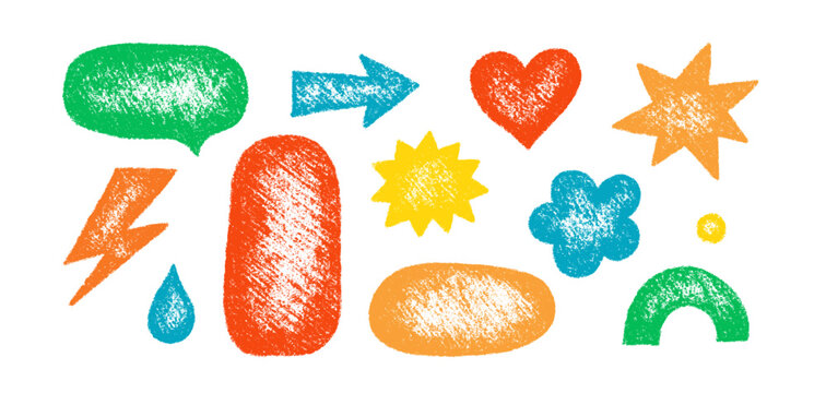Crayon doodle sticker shapes set. Hand drawn oval, heart, lightning icons. Graphic element for fun collages. Kid sketch drawing. Vector pencil illustration isolated on white background.