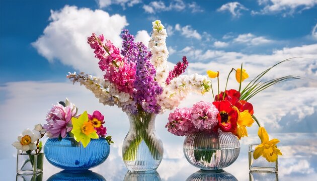 still life of fresh colorful spring flowers in glass vases on mirror with sky