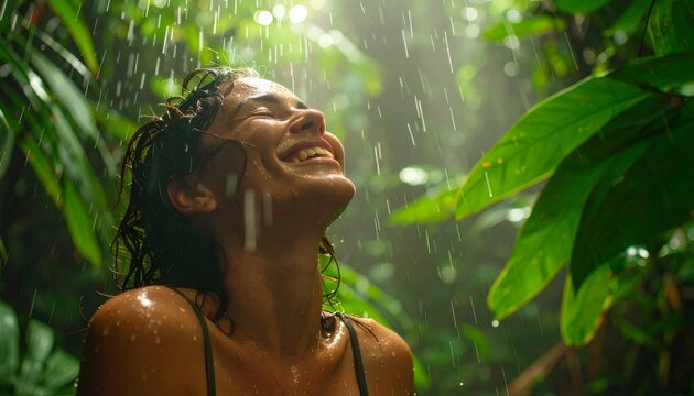 Young woman finding joy in refreshing tropical rainforest rain