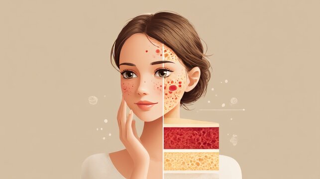 Skin Health Contrast: Illustrative Split-Face View of Clear vs. Problematic Skin with Dermis Layers