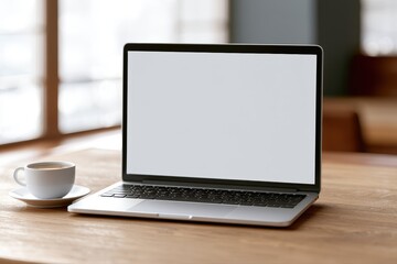 Fototapeta premium Laptop mockup on cozy cafe table with coffee and sunlight entering window