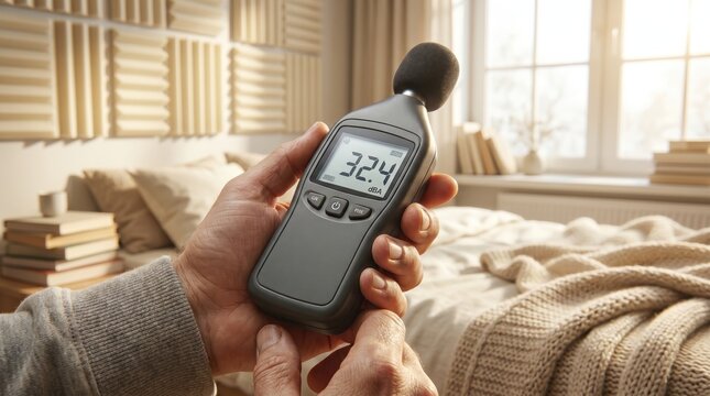 Person holding digital decibel meter testing noise levels in bright bedroom