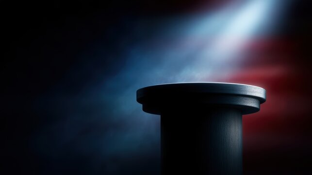 Stylized political podium silhouette with dramatic lighting and patriotic background, election speech concept