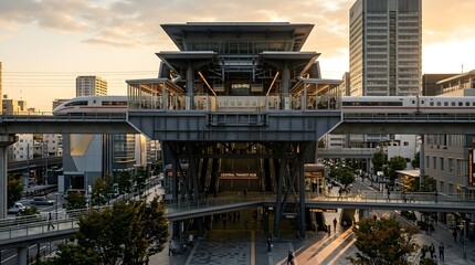 Fototapeta premium Modern Transit Hub Architecture at Dusk with Rail Line