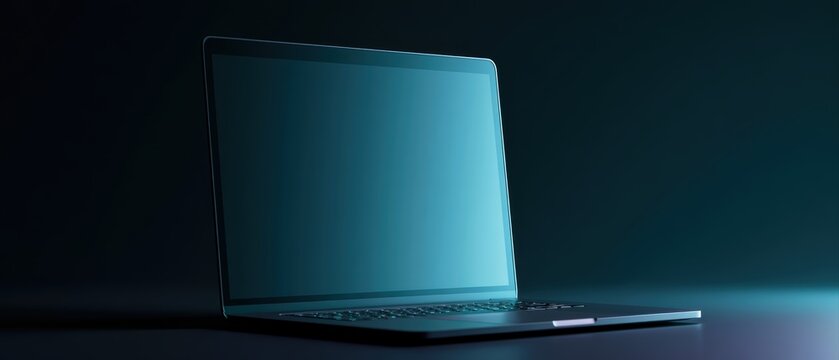 Laptop mockup with dramatic neon lighting and dark cyberpunk setup, coding and AI presentation theme