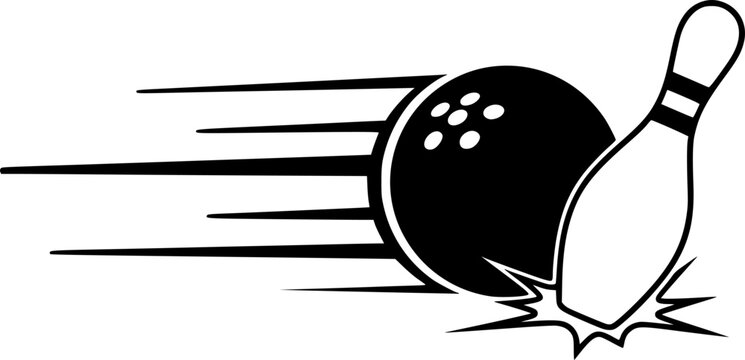 Black bowling ball hitting a bowling pin with motion lines, strike, game, sport, leisure activity, competition, flat vector illustration, sticker design, isolated on white background
