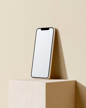 Minimal iPhone mockup standing on soft beige podium with shadow overlay, clean premium product display, realistic reflections, isolated background