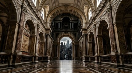 Fototapeta premium Grand European Hallway Architecture View Leading to Cityscape