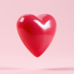 Obraz premium Glossy 3D heart icon floating on pink gradient background with soft shadows