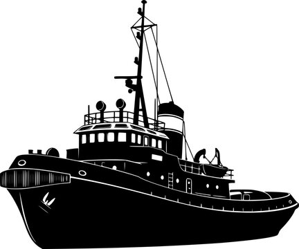 Black silhouette of a sturdy, classic tugboat or fishing vessel with detailed superstructure and mast, clean vector art graphic design, isolated on white background