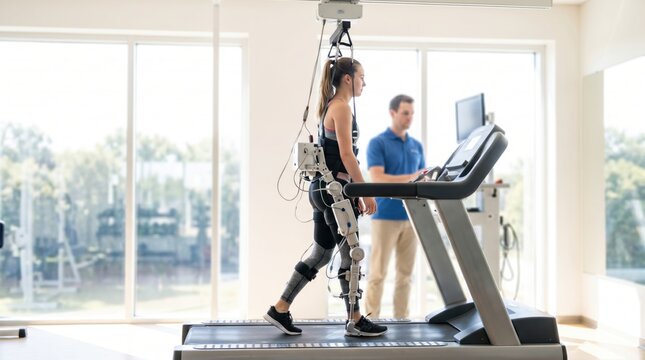 Female patient walking on treadmill wearing robotic exoskeleton with male physical therapist