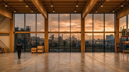 Fototapeta premium Industrial interior space looking over city sunset skyline