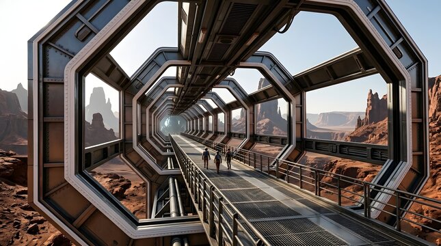 Futuristic walkway through desert canyon landscape cinematic view