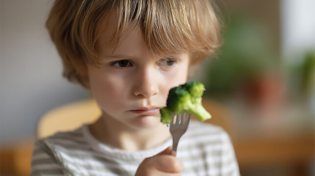Young child expresses strong dislike for green vegetable, a close-up indoor portrait capturing a moment of refusal and food aversion