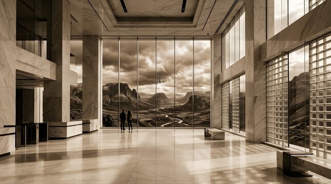 Modern architectural interior with dramatic view of mountains