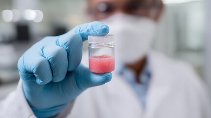 Obraz premium Medical professional in lab coat and gloves holds small vial with pink biological sample, focusing on scientific research and development workflows