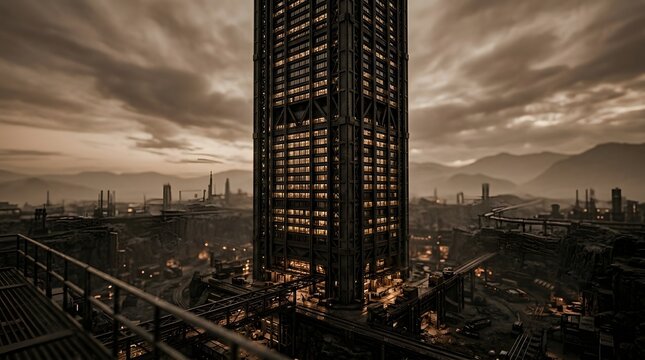 Moody Urban Skyscraper View at Dusk Under Dramatic Sky